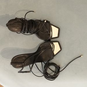 Black Schutz Wrap Strappy Heels with Mirrored Toe Plate